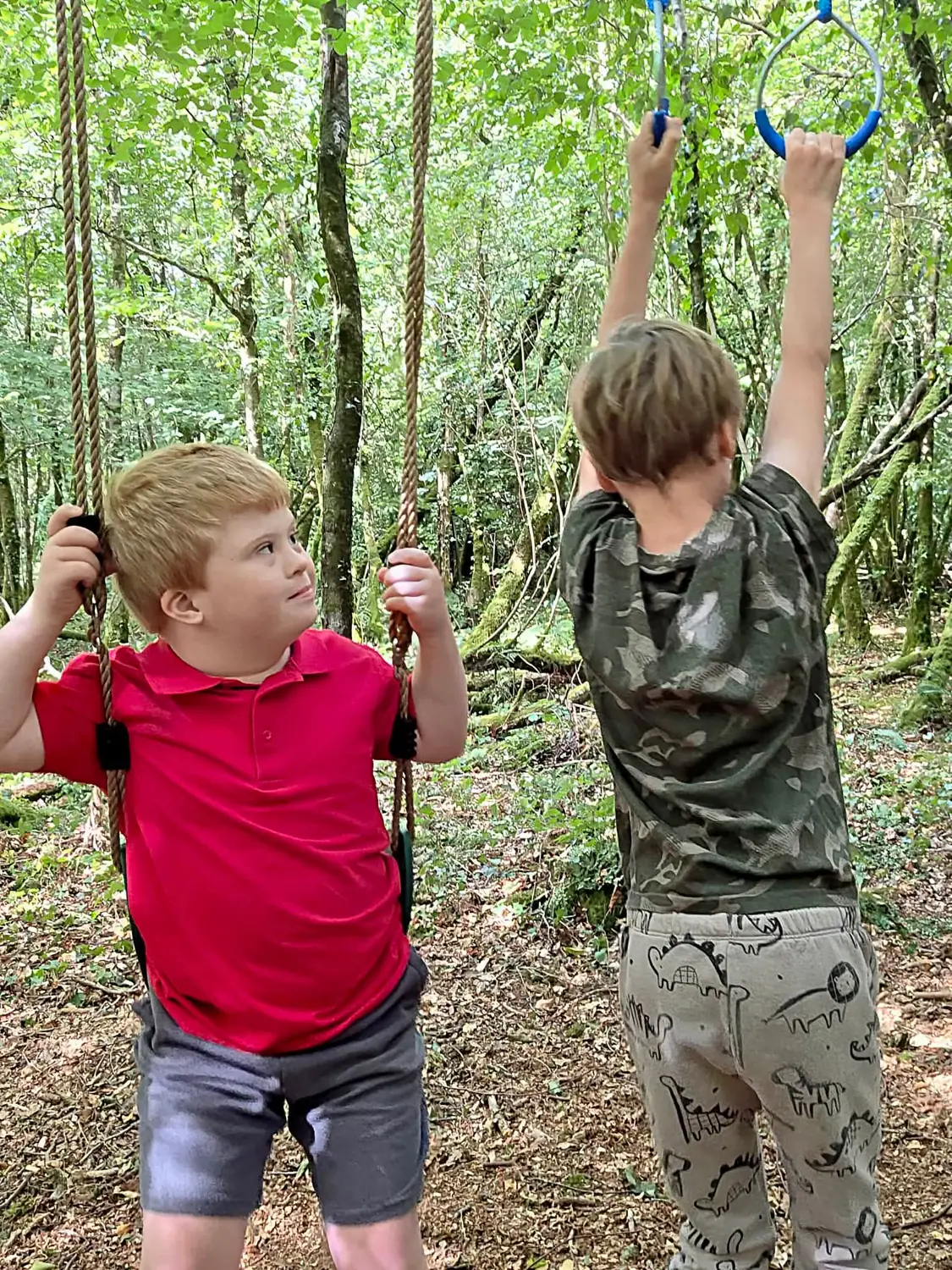 Two children playing on the rope swings in the trees
